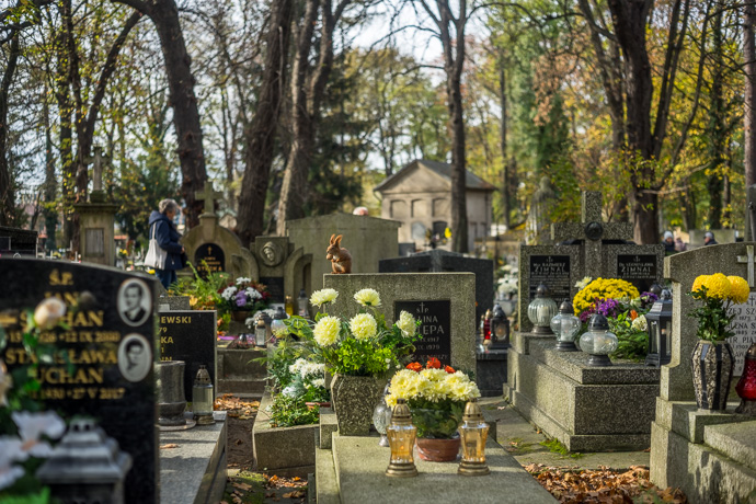 All Saints' Day at Rakowicki Cemetery in Kraków, Poland 2019. A squirrel is sitting on a tombstone and has a nut in its paws, All Saints' Day in Poland. Image: Michel Meijer