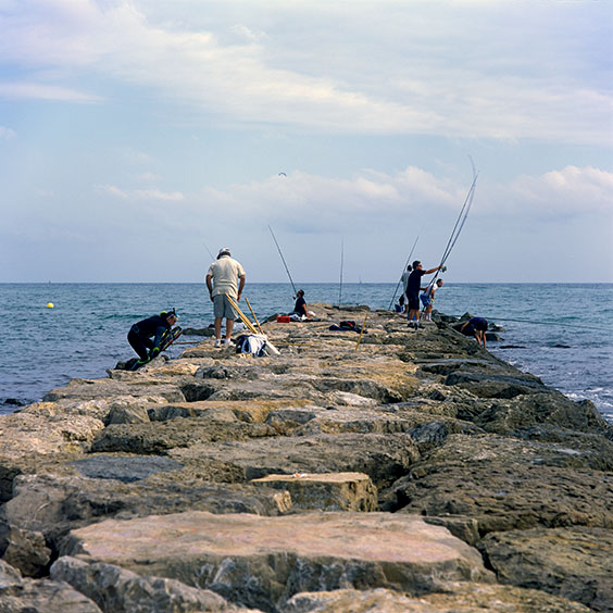 Rice cultivation in Albufera Natural Park, Spain 2014. Sport fishermen on a breakwater at Pinedo Beach. Image: Michel Meijer