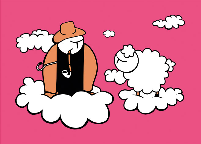 Ein Hirte und ein Schaf stehen auf Schäfchenwolken. Illustration: Christian Aschberg.