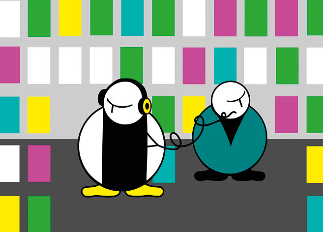 Monotoons mit Kopfhörer und Mikrofon. Illustration: Christian Aschberg.