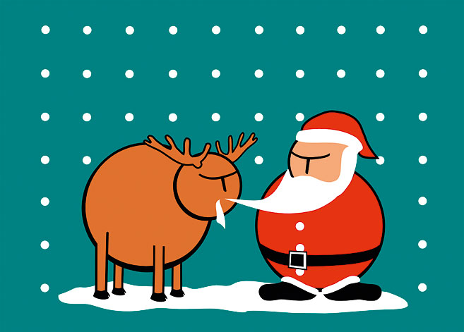 Ein Elch frisst den Bart des Weihnachtsmanns. Illustration: Christian Aschberg.