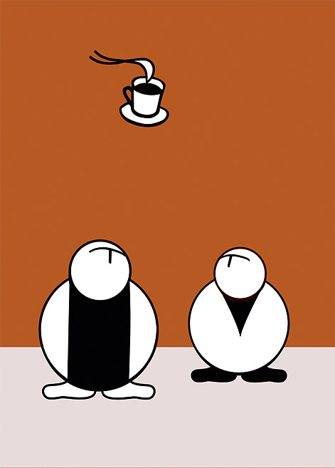 Monotoons und eine fliegende Tasse mit Untertasse. Illustration: Christian Aschberg.