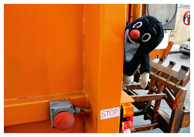 Ein Stofftier hängt an der Rückseite eines Müllwagens. Das Foto wurde von Claudia Rannow aufgenommen.