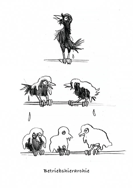 Betriebshierarchie Kackende Vögel. Comic gestaltet und illustriert von Mirja Engelhardt.
