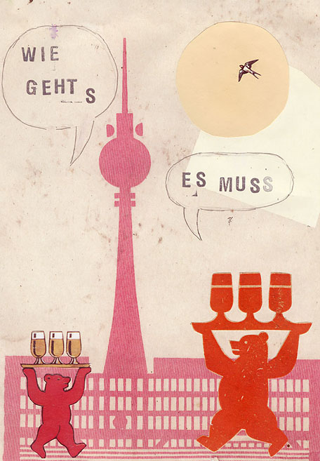 Wie geht's? Es muss. Zwei Bären tragen jeweils ein Tablett mit Bier am Berliner Fernsehturm. Collage: Tim Roeloffs.