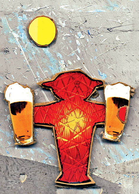 Rote Ampelmann Ein Roter Ampelmann mit einem Glas Bier in jeder Hand. Collage: Tim Roeloffs.