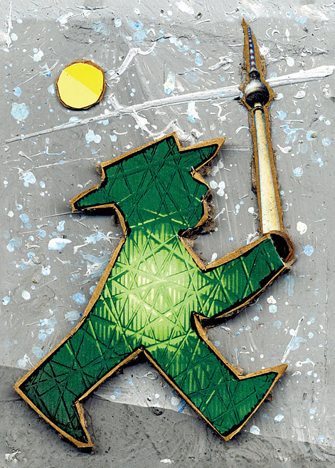 Grüne Ampelmann Een Grüne Ampelmann met de Berliner Fernsehturm in de hand. Collage: Tim Roeloffs.