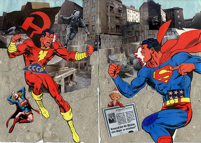 Superman Der sowjetische Superman und der amerikanische Superman streiten sich an der Berliner Mauer. Collage: Tim Roeloffs.