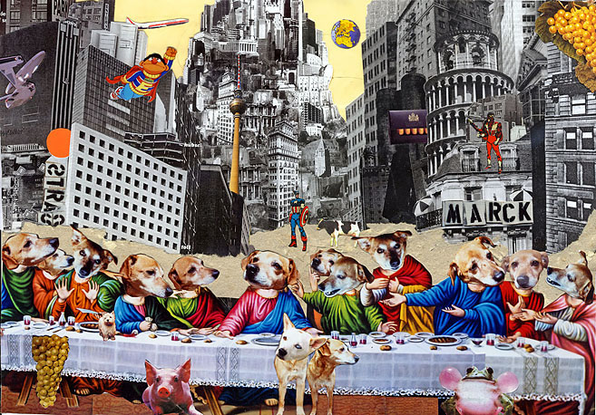 Das Abendmahl Die 12 Apostel und Christus, alle mit Hundeköpfen, am Tisch. Collage: Tim Roeloffs.