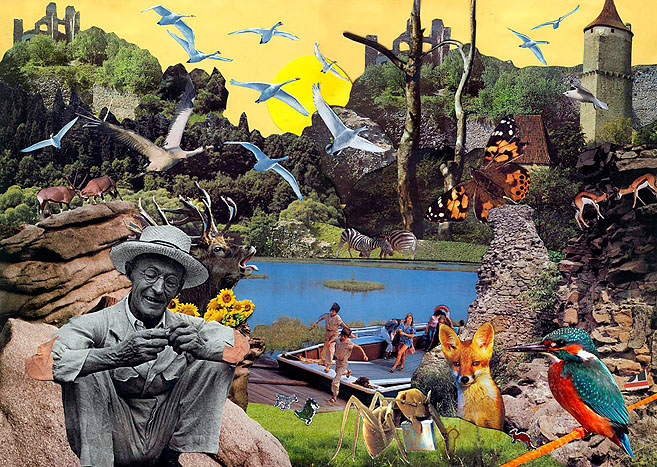 Hermann Hesse Der Schriftsteller Hermann Hesse sitzt im Paradies. Collage: Tim Roeloffs.