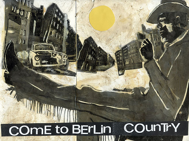 Come to Berlin Country Ein Cowboy raucht eine Zigarette in Berlin. Collage: Tim Roeloffs.