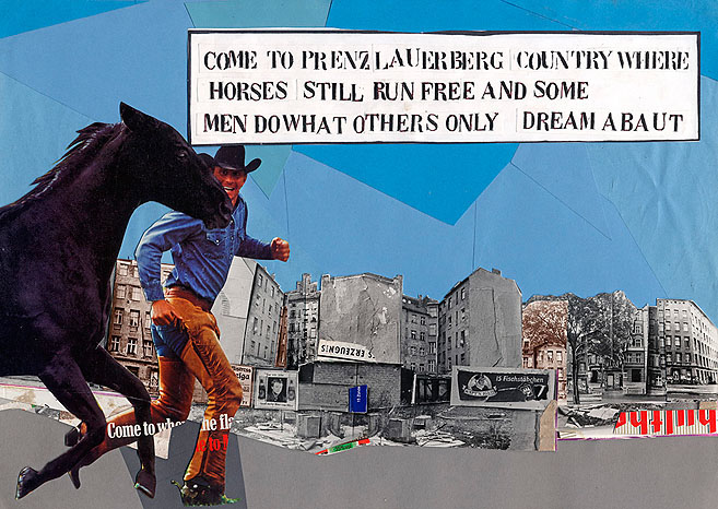Prenzlauer Berg Country Ein Cowboy rennt neben seinem Pferd durch den Prenzlauer Berg in Berlin. Collage: Tim Roeloffs.