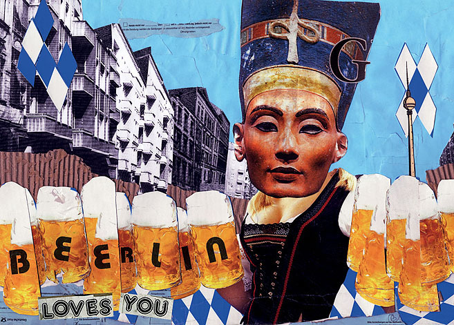 BEERLIN Nefertiti schenkt während des Oktoberfestes Bier aus. Collage: Tim Roeloffs.