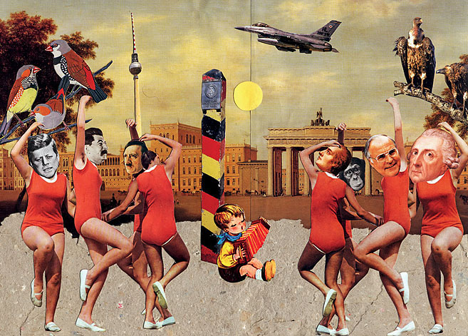 Brandenburger Tor in Berlin Prominente Politiker aus der Geschichte tanzen um einen deutschen Grenzposten vor dem Brandenburger Tor. Collage: Tim Roeloffs.