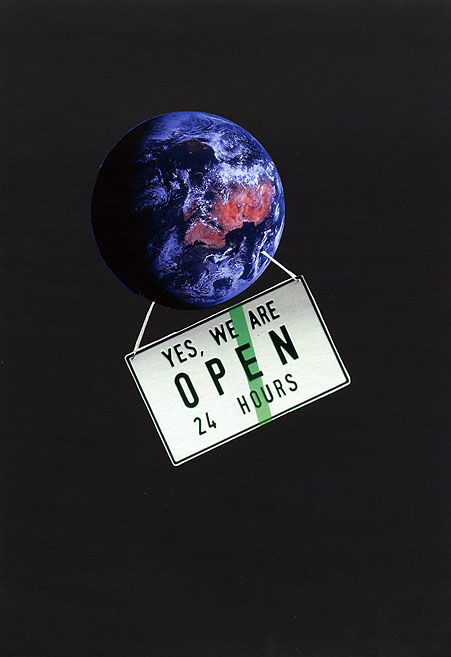 OPEN Der Planet Erde vom Weltall aus gesehen, an dem ein Öffnungszeitenschild hängt. Collage: Tim Roeloffs.