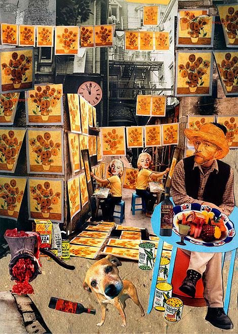 Vincent van Gogh Vincent van Gogh sitzt in seinem Atelier mit zwei Marilyn Monroes als seine Assistentinnen. Collage: Tim Roeloffs.