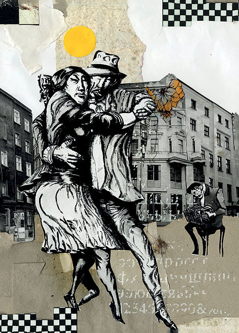 Tanzen auf der Straße Ein Paar tanzt auf der Straße zur Musik eines Akkordeonspielers. Collage: Tim Roeloffs.