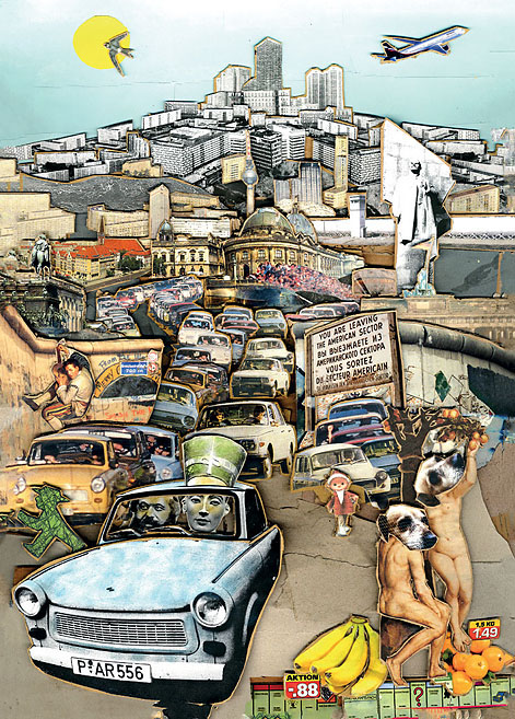 YOU ARE LEAVING THE AMERICAN SECTOR Karl Marx und Nefertiti fahren in einem Trabant nach West-Berlin. Collage: Tim Roeloffs.