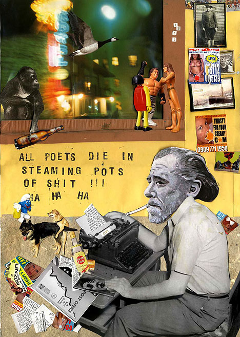 All poets die in steaming pots of shit!!! Der Schriftsteller Charles Bukowski sitzt hinter einer Schreibmaschine am Arbeitstisch. Collage: Tim Roeloffs.