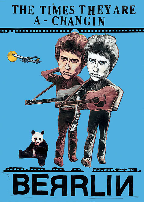 The times they are a - changin Zwei Bob Dylans laufen mit Gitarre durch Berlin. Collage: Tim Roeloffs.