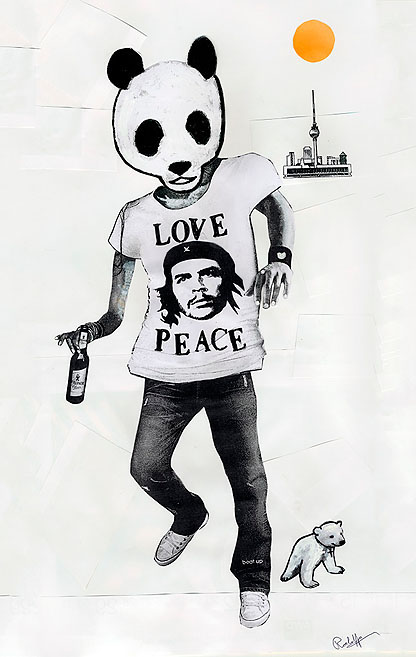 LOVE PEACE Ein Mann mit einem Pandabärenkopf läuft durch Berlin. Collage: Tim Roeloffs.