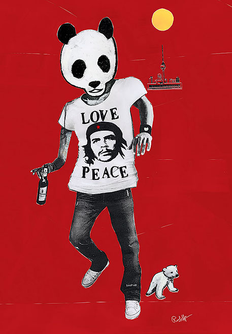 LOVE PEACE Ein Mann mit einem Pandabärenkopf läuft durch Berlin. Collage: Tim Roeloffs.
