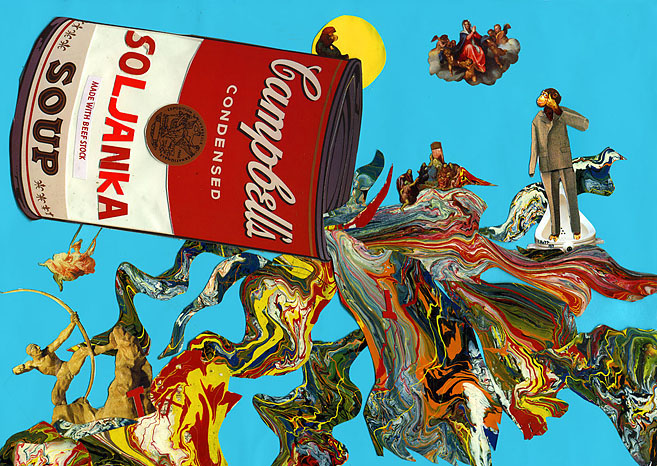 Soljanka Eine Dose mit Soljanka, aus der viele Farben fließen. Collage: Tim Roeloffs.