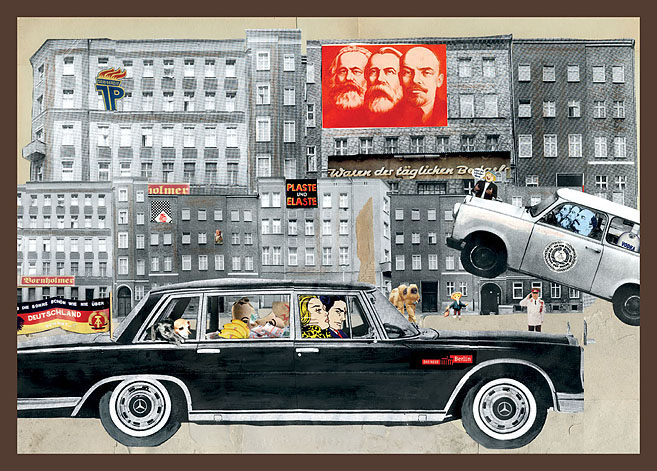 Waren der täglichen Bedarf Ein schwarzer Mercedes fährt durch das sozialistische Berlin. Collage: Tim Roeloffs.