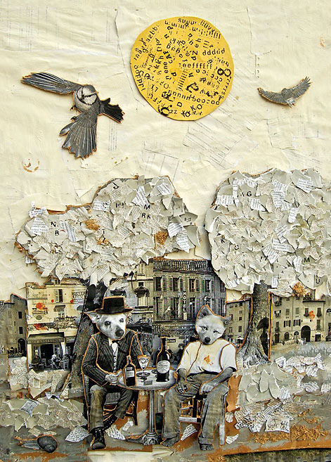 Terrasse Zwei Männer mit Hundeköpfen sitzen auf einer Terrasse und trinken Wein. Collage: Tim Roeloffs.