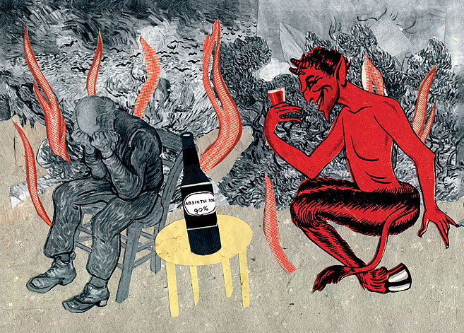 Absinth 90% Der Teufel und ein Mann trinken Absinth. Collage: Tim Roeloffs.