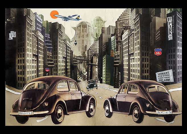 Volkswagen Käfer Drei VW-Käfer fahren durch eine Großstadt. Collage: Tim Roeloffs.