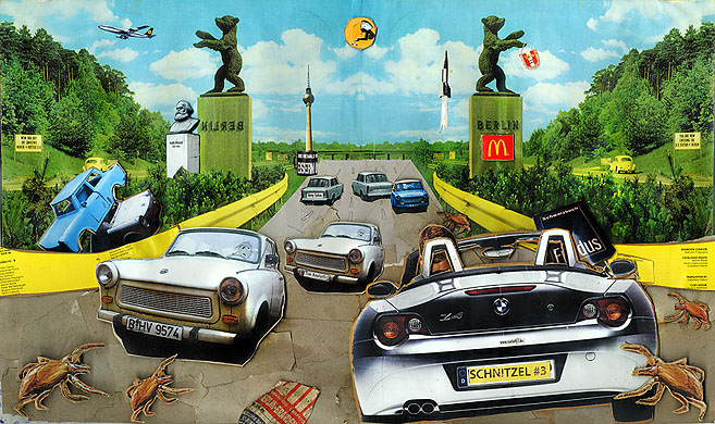 SCHNITZEL #3 Die Stadtgrenze Berlins, wo die Autos in die Stadt ein- und ausfahren.  Collage: Tim Roeloffs.