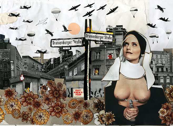 Oranienburger Straße Eine Nonne läuft die Oranienburger Straße in Berlin entlang. Collage: Tim Roeloffs.