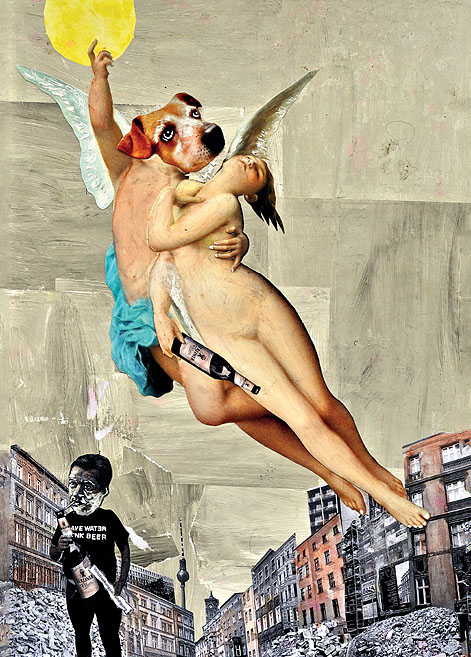 Engel über Berlin Ein Engel mit einem Hundekopf fliegt eine Straße entlang und trägt eine nackte Frau. Collage: Tim Roeloffs.