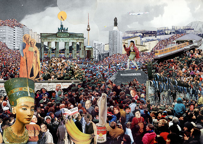 Wiedervereinigung Berlins Die Bürger von Berlin beim Fall der Berliner Mauer. Collage: Tim Roeloffs.