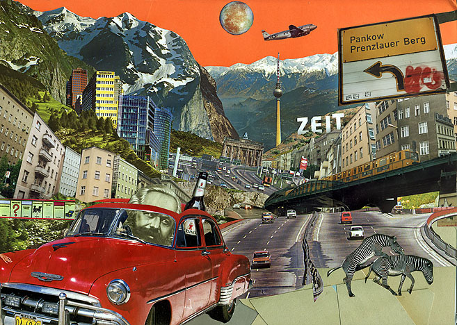 ZEIT Karl Marx fährt ein rotes Auto auf der Autobahn. Collage: Tim Roeloffs.