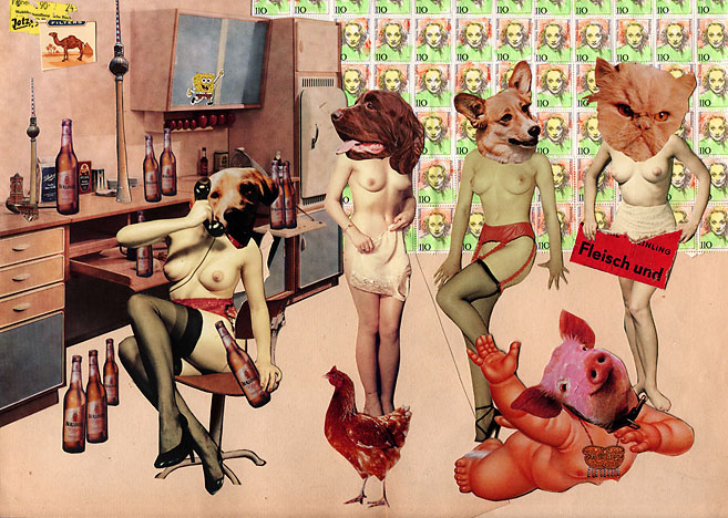 Fleisch und Ein Wohnzimmer mit halbbekleideten Damen mit Tierköpfen. Collage von Tim Roeloffs.