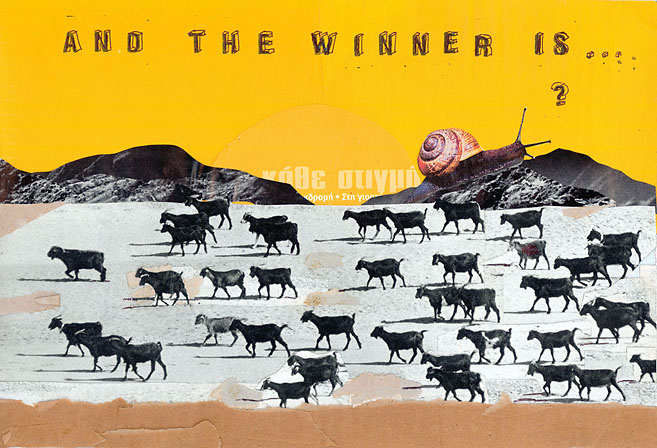 AND THE WINNER IS... Eine Ziegenherde läuft über eine Ebene vor einer Berglandschaft, in der eine Schnecke kriecht. Collage von Tim Roeloffs.