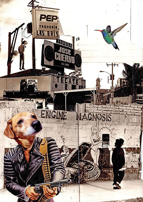 ENGINE DIAGNOSIS Ein Mann mit einem Hundekopf und einer Schusswaffe in der Hand in einer Stadtlandschaft. Collage von Tim Roeloffs.